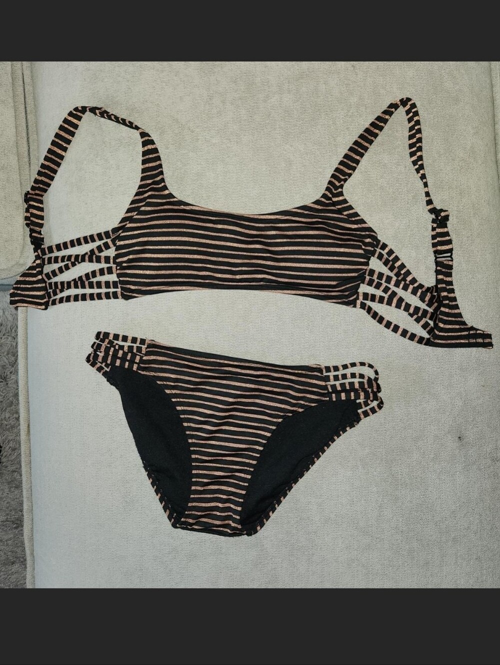 Striped Black and Shimmer Beige Women's Bikini Set